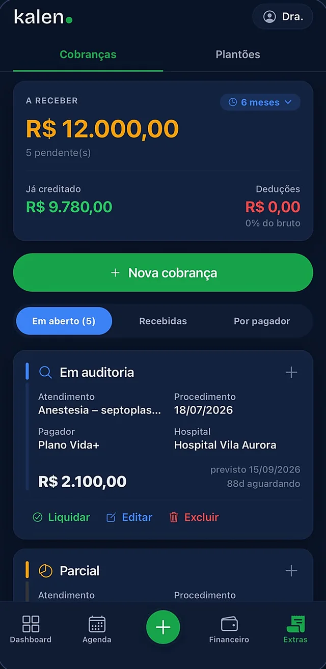 Tela de cobranças particulares e convênios do Kalen